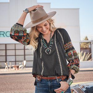 Sundance Black and White Embellished 3/4 Sleeve Blouse